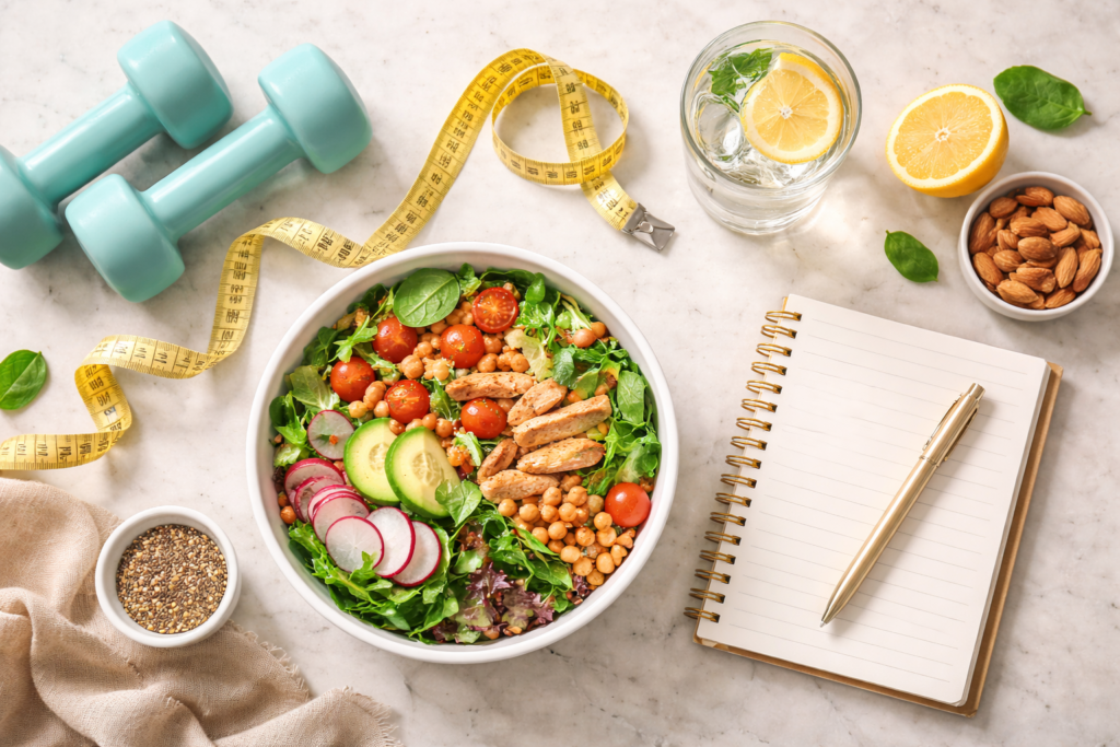 How to Lose Weight After 40: The Complete Guide for Women Healthy food and fitness items for weight loss after 40 - salad, dumbbells, water, measuring tape