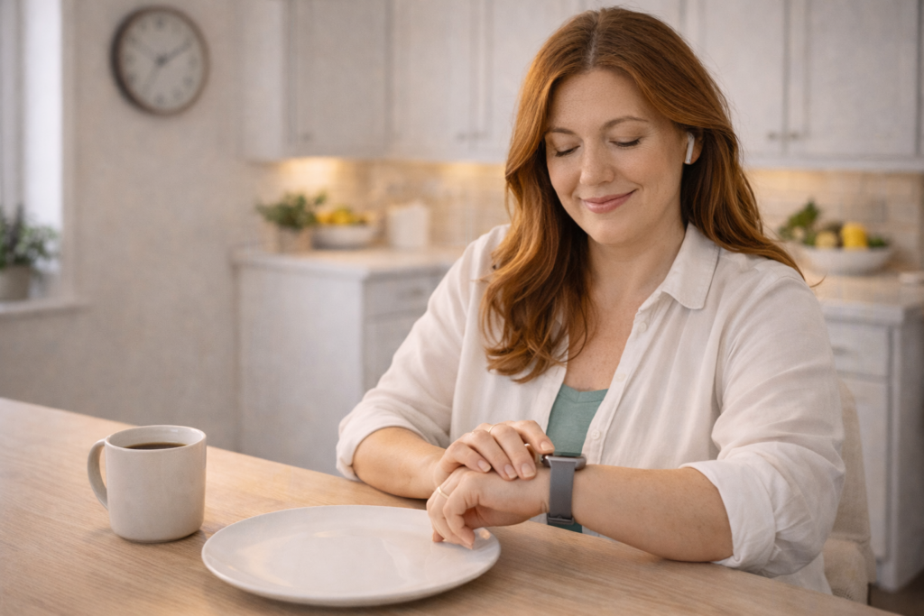 Intermittent Fasting for Women Over 40: Is It Safe? (What Science Says) Woman over 40 practicing intermittent fasting with coffee and a clock