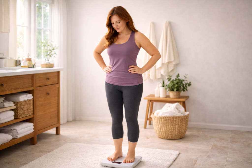 Menopause Weight Gain: Why It Happens and What You Can Do About It Woman over 40 dealing with menopause weight gain looking at healthy food options