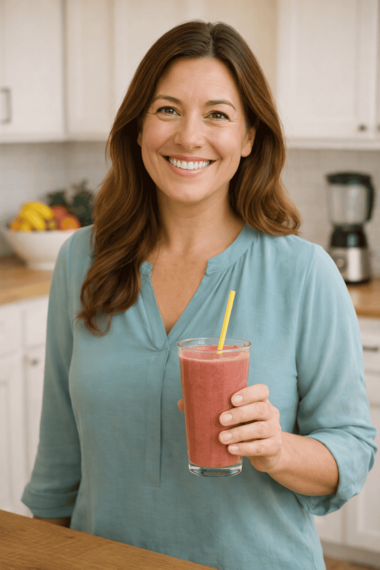 About Woman enjoying a healthy smoothie as part of her Noom weight loss journey