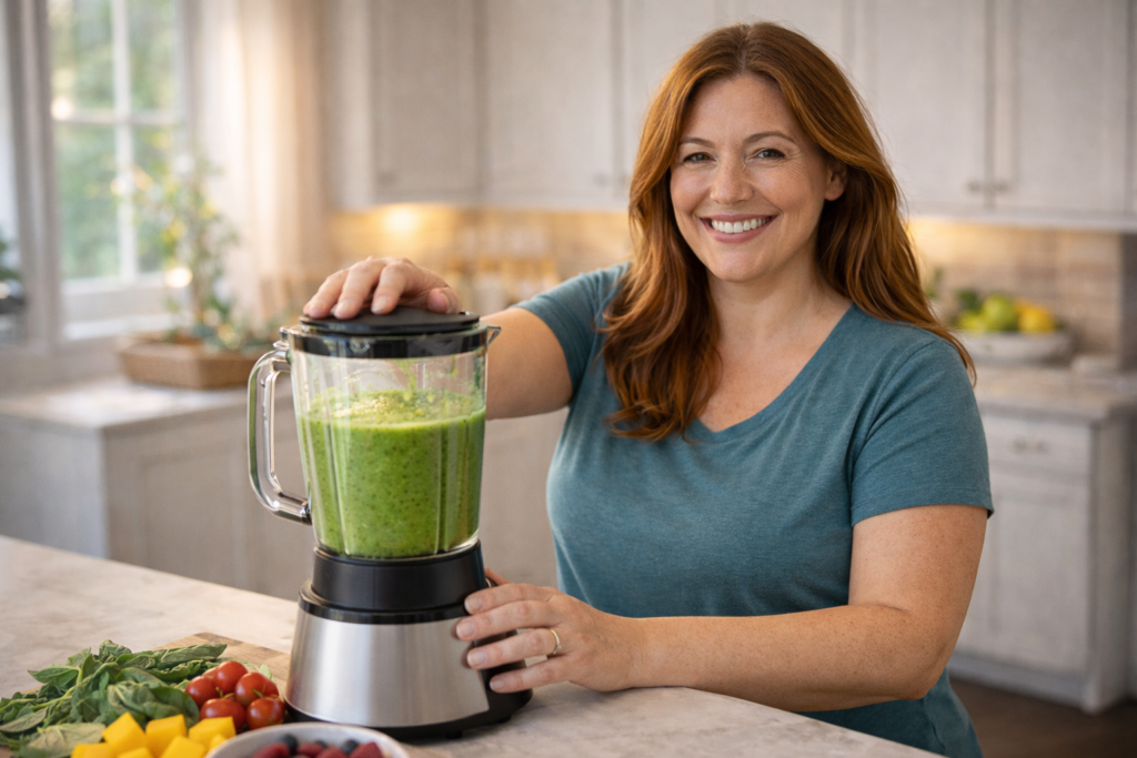 Woman over 40 making a healthy green smoothie for weight loss