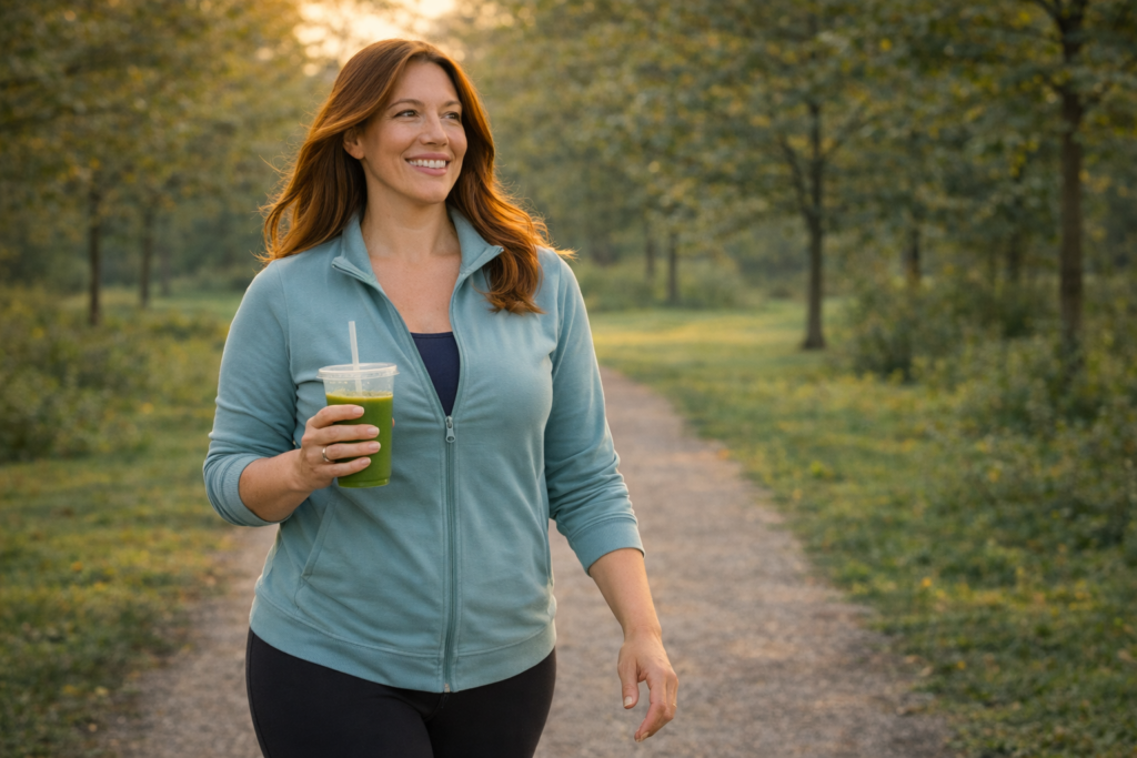 Woman over 40 enjoying smoothie diet results while walking outdoors