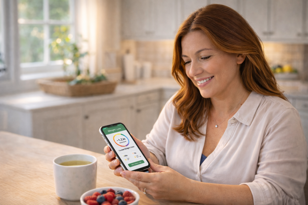 Noom Review for Women Over 40 Woman over 40 using the Noom weight loss app on her phone