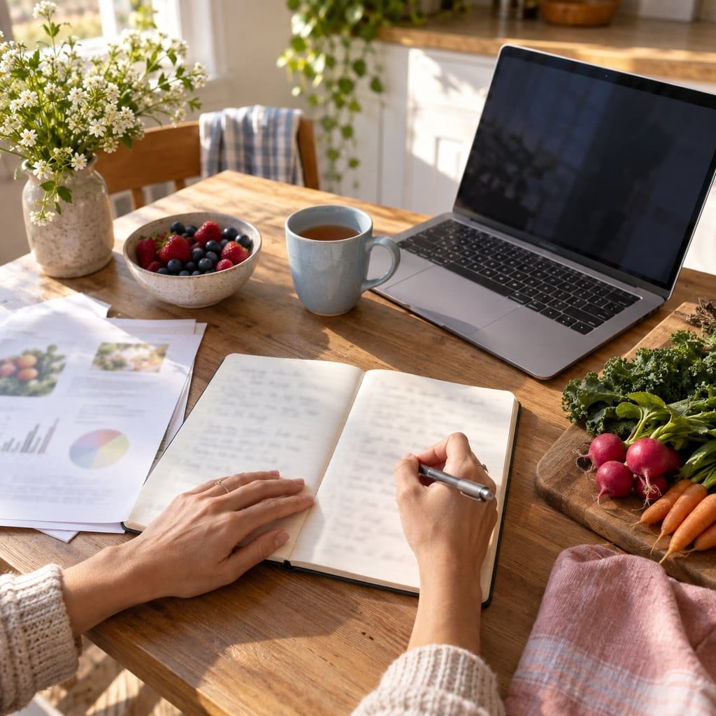 Home Notes, research papers and a cup of tea on a kitchen table