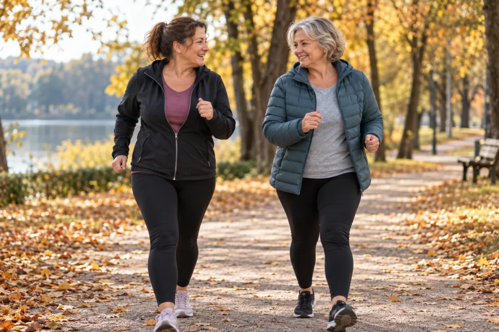 How to Lose Belly Fat After 40: A Proven, Science-Backed Guide for Women Two women in their fifties walking briskly on a lakeside path in autumn
