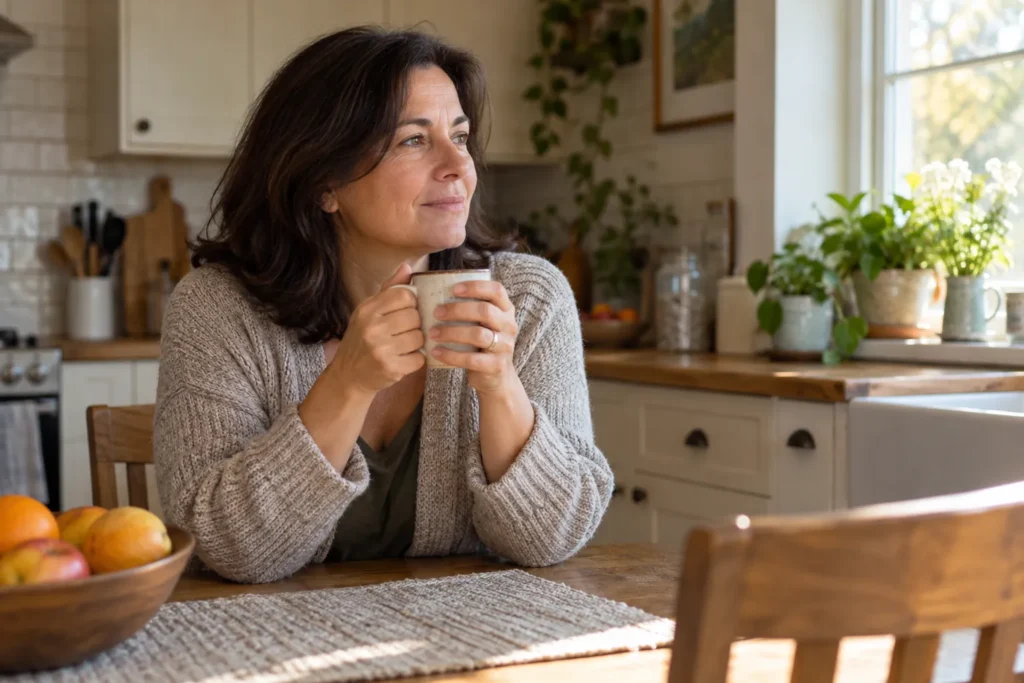 Woman in her late forties holding a mug of tea at a kitchen table in the morning