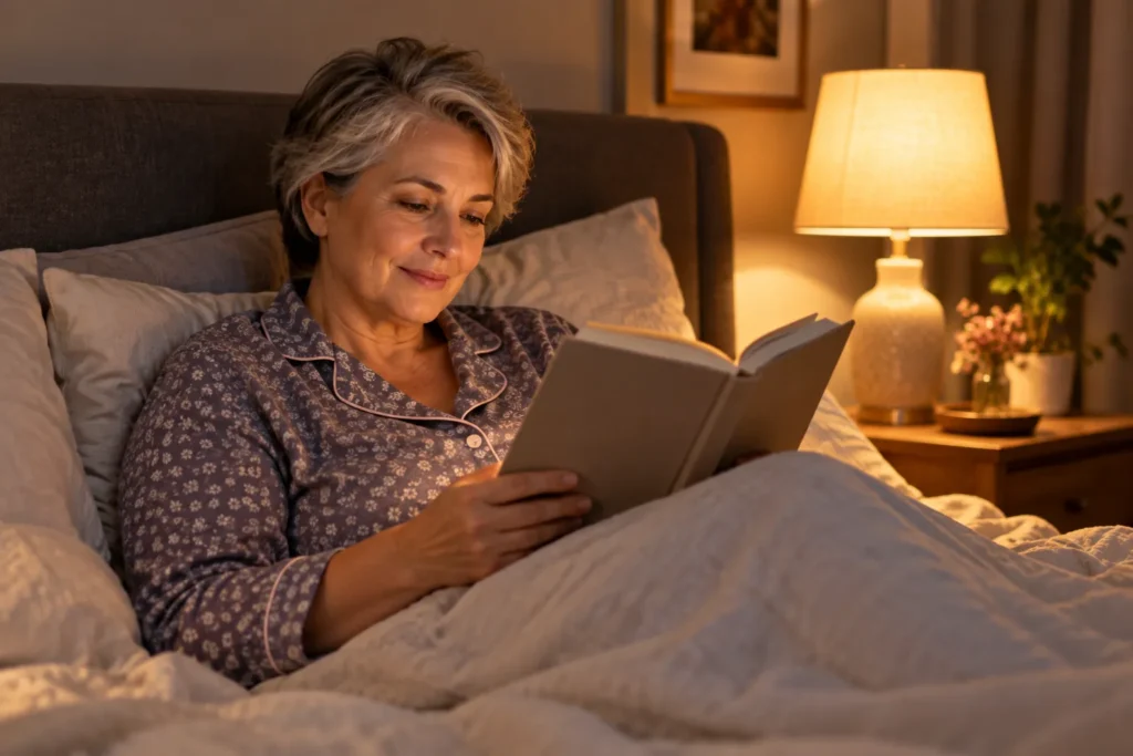 Sleep and Weight Loss After 40: Why It Matters More Than You Think Woman in her fifties reading a book in bed by a bedside lamp