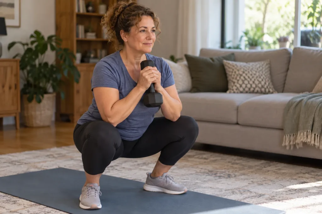 Woman in her fifties doing a goblet squat with a dumbbell at home